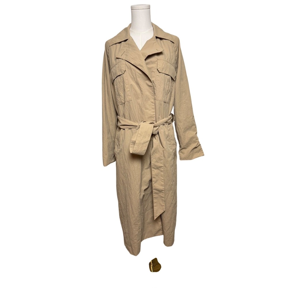 Vuori Rhodes Trench Coat Womens Sm Tan Khaki Long Belted Crinkle Jacket VW5037